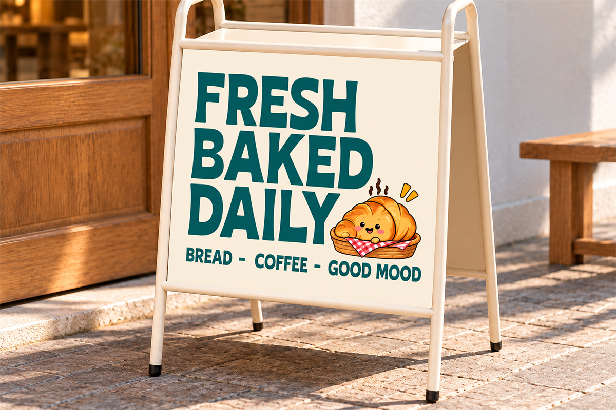 Cream A-frame sandwich board with teal "Fresh Baked Daily" text, cute croissant illustration, outdoor bakery storefront mockup