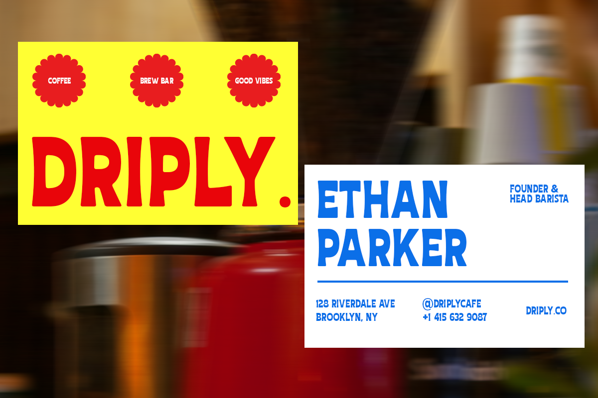 Driply coffee shop branding mockup with bold yellow poster, red badge logos, business card with founder details
