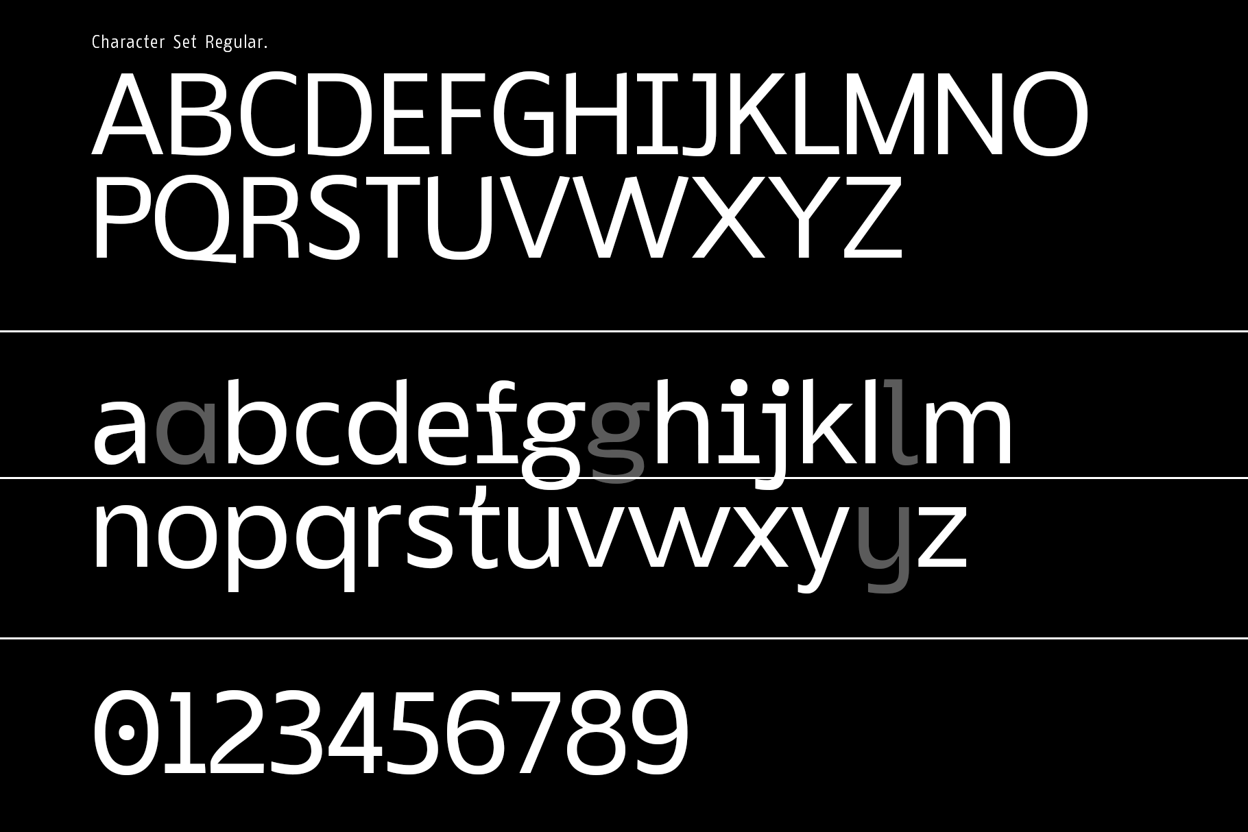 Clean geometric typeface showing uppercase, lowercase, plus numbers in regular weight
