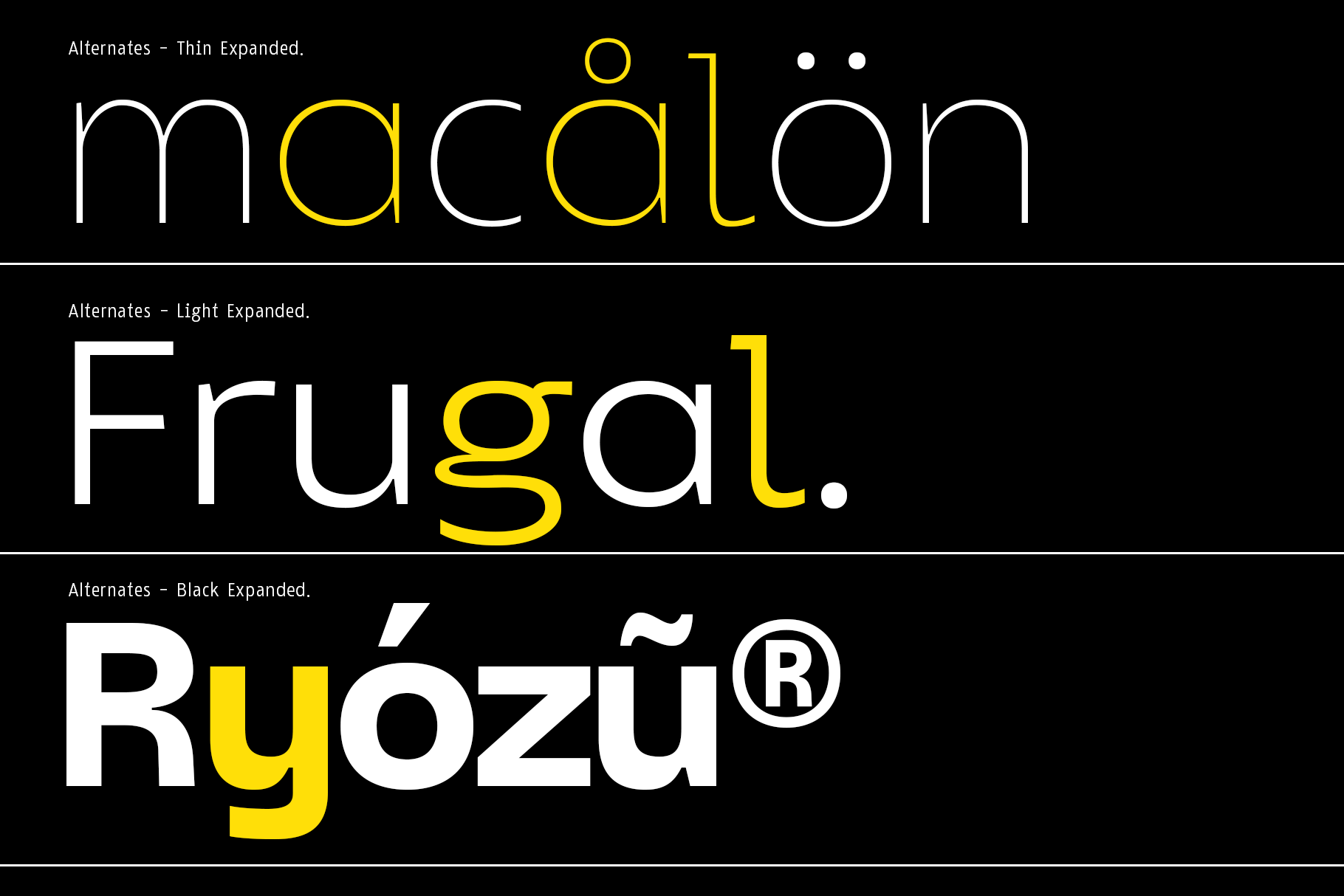 Alternates typeface family showing three weights in yellow, white on black background