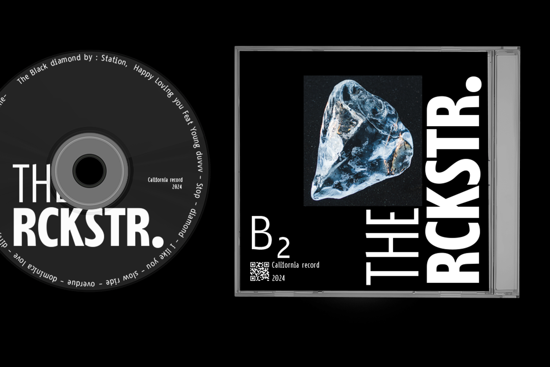 CD case mockup with jewel case showing crystalline mineral imagery with bold sans serif typography on black background