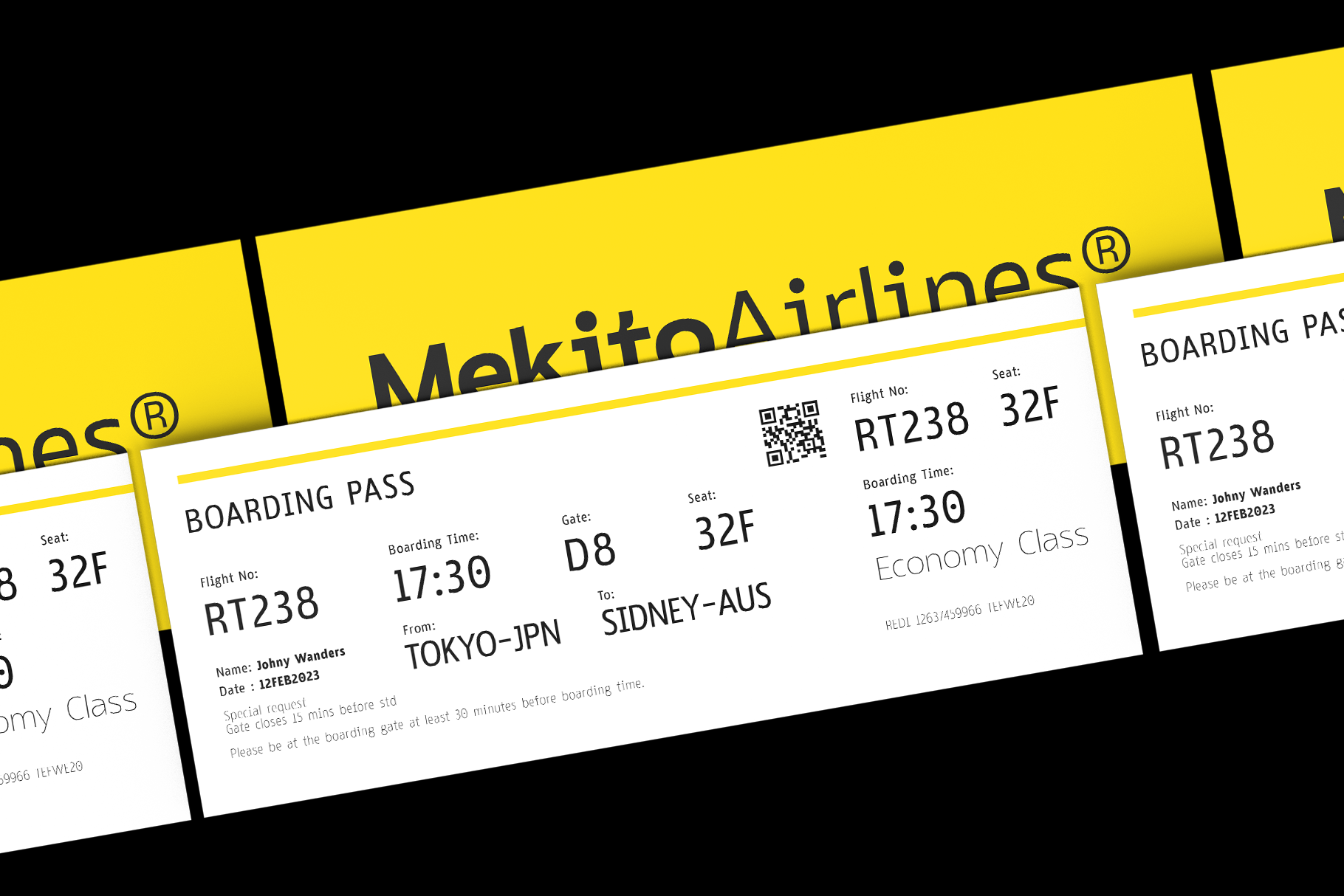 Airline boarding pass mockup with yellow branding, flight details, QR code, seat info