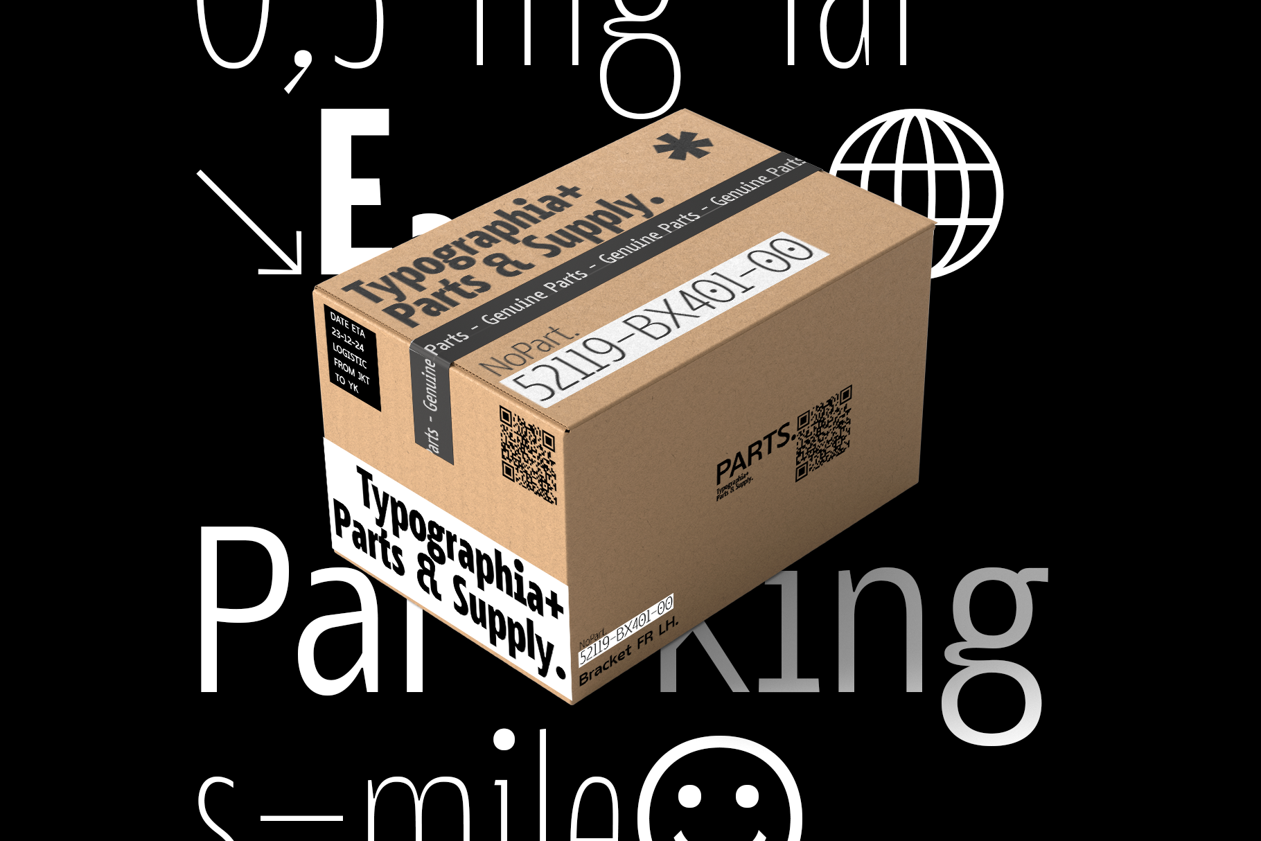 Cardboard box mockup with typography labels, QR codes, shipping details on black background