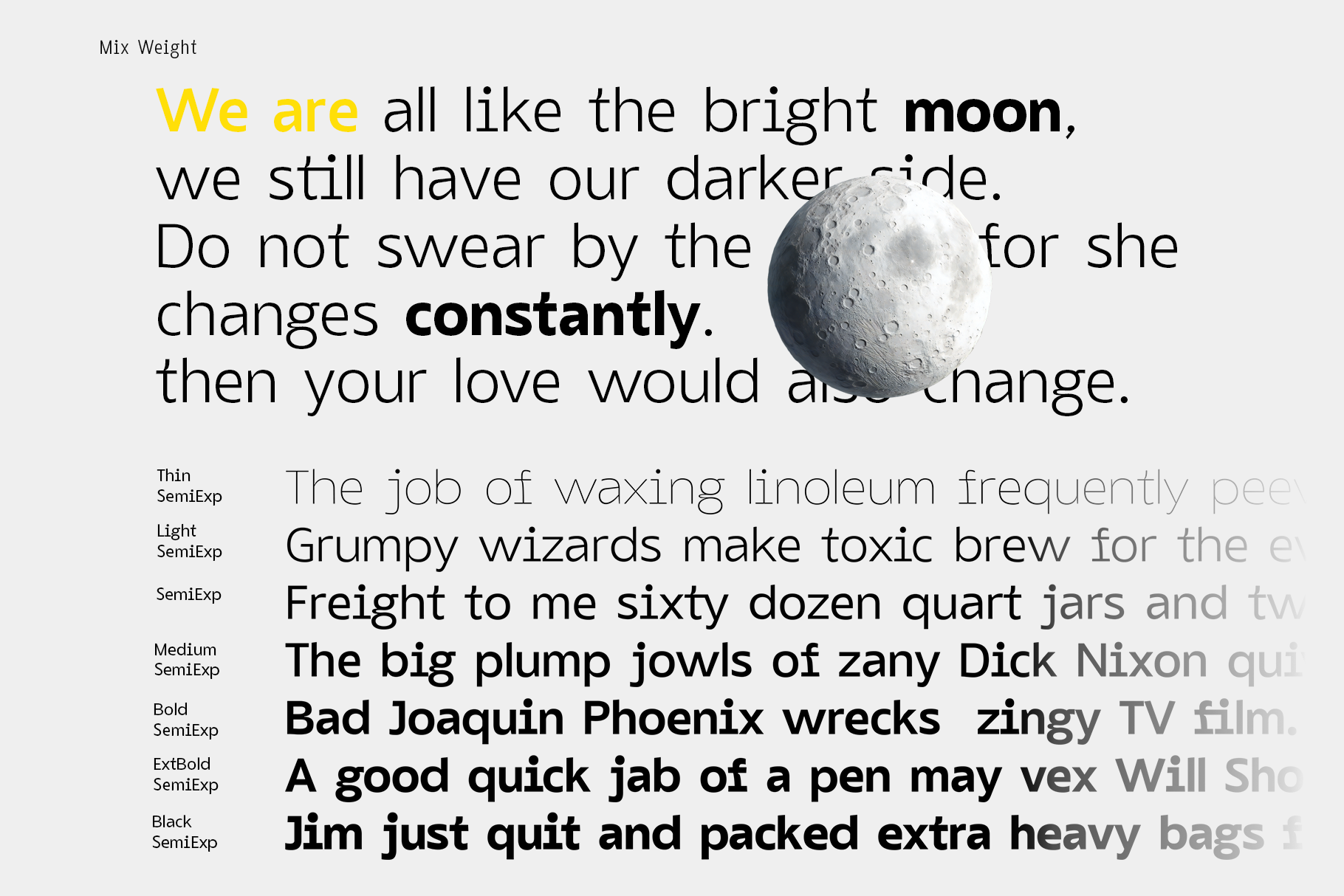 Mix Weight font family displayed with moon imagery, showing multiple font weights from thin to black