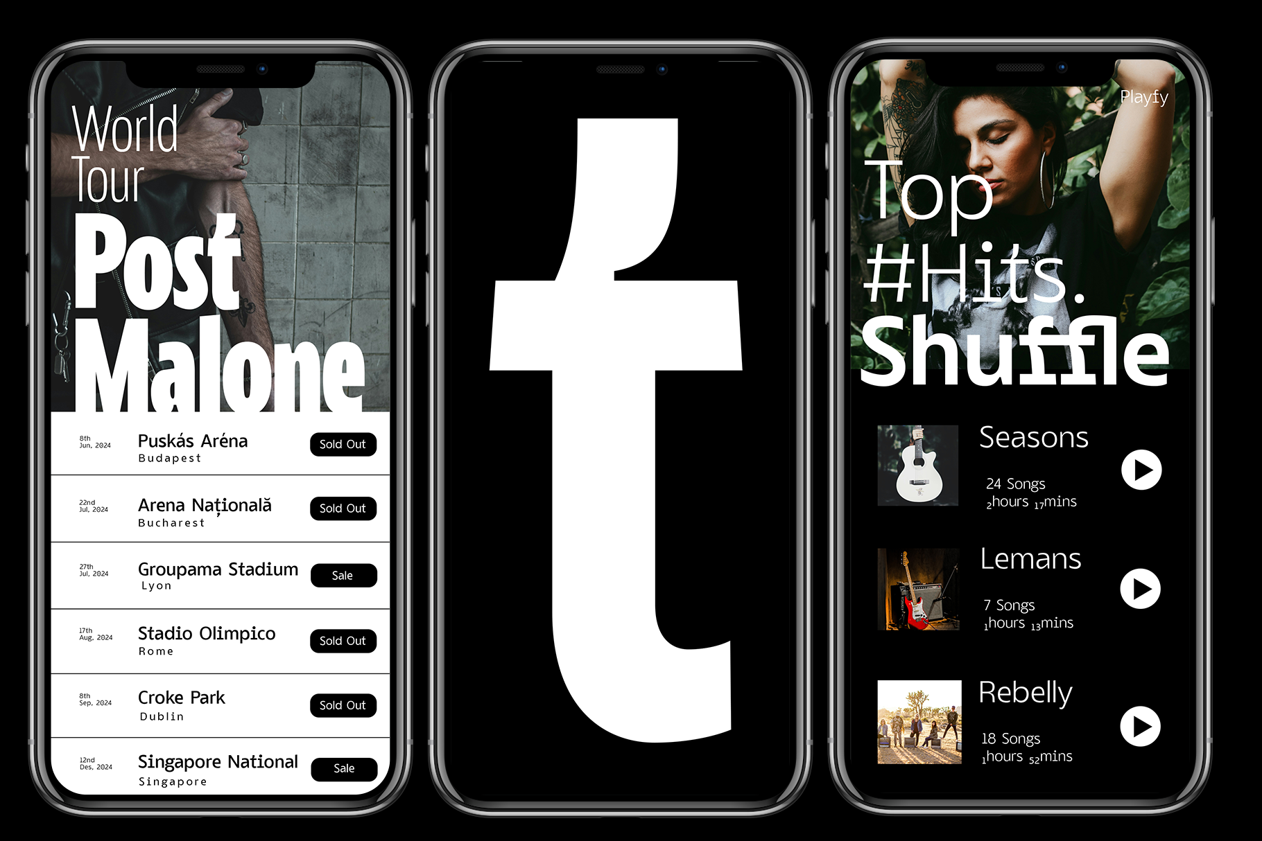 Three iPhone mockups showing tour dates, blank screen, music playlists