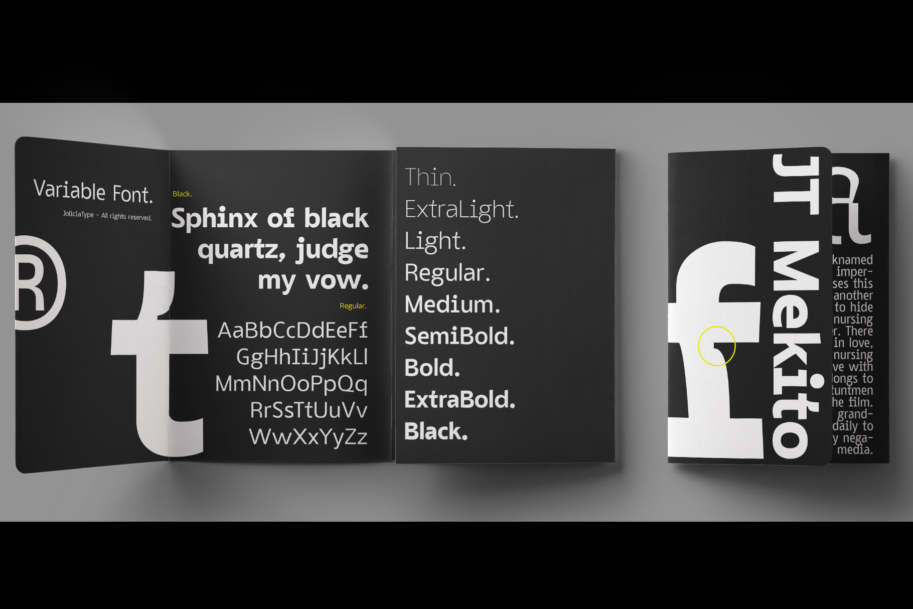 Folded mockup showing variable font weights from thin to black across three black panels with white typography