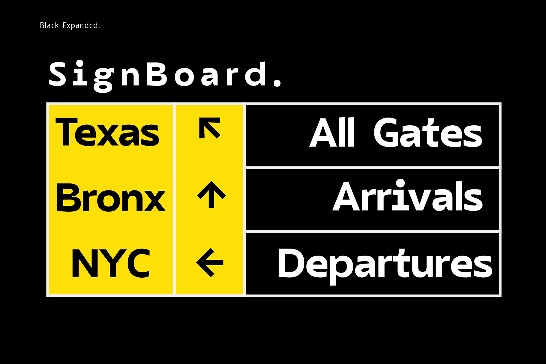 Airport wayfinding signboard mockup with yellow, black, white directional layout
