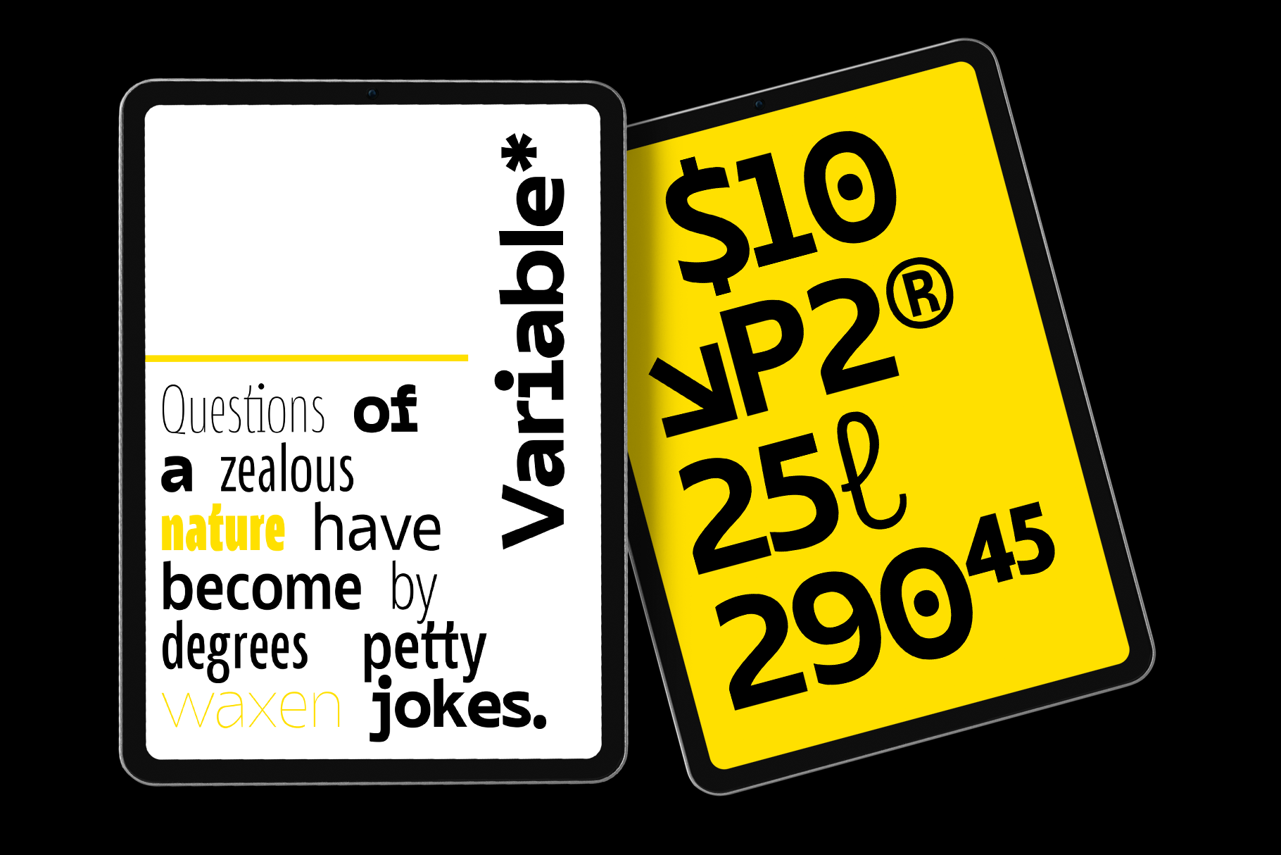 Two open book mockups showing typography layouts with yellow accents plus pricing tags