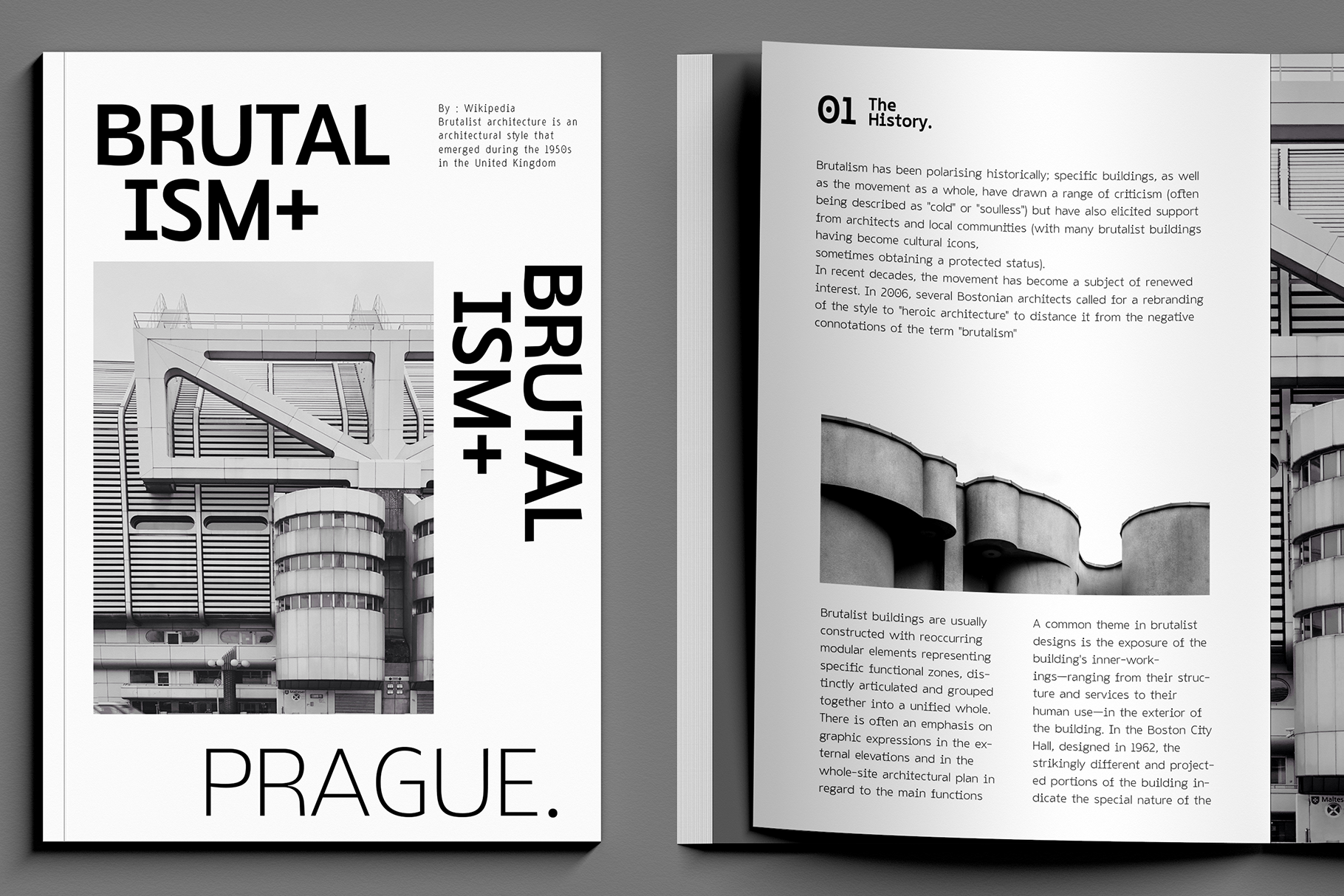 Brutalism magazine spread with bold typography, concrete architecture photos, plus editorial layout on architectural history