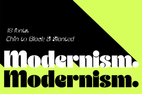 Modernism font family with 18 weights in black, white, plus slanted versions