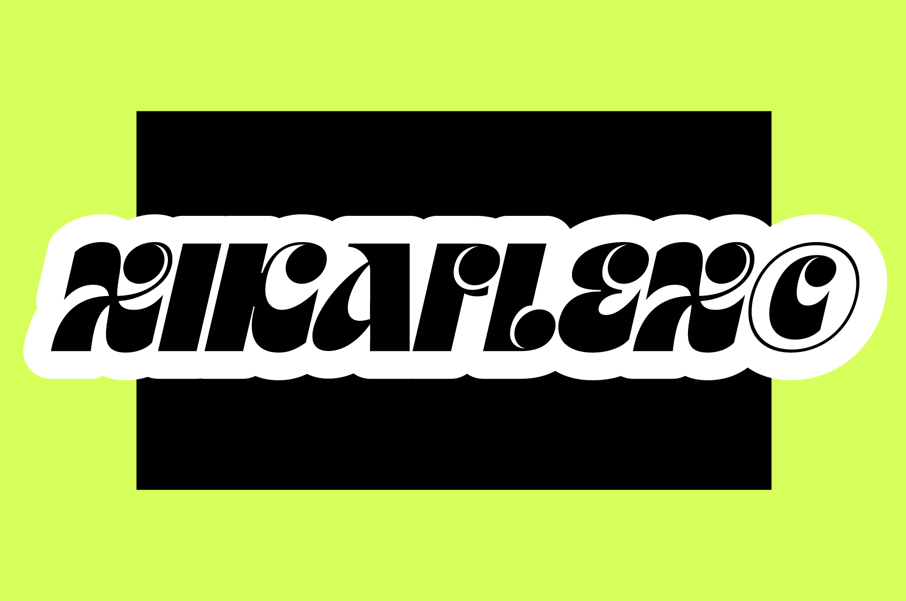 Bold italic typeface on white rounded badge with lime green background