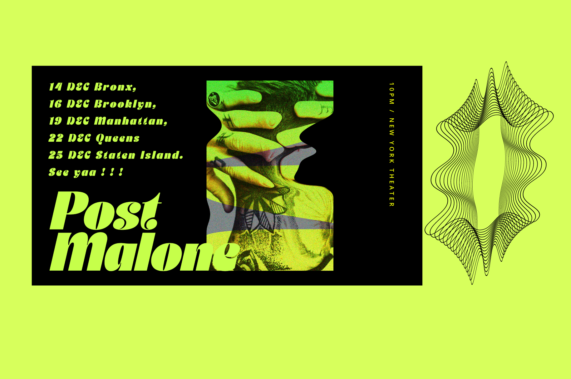 Neon tour poster mockup with lime green background, bold italic typography, tour dates, hands photo, wavy line art graphic