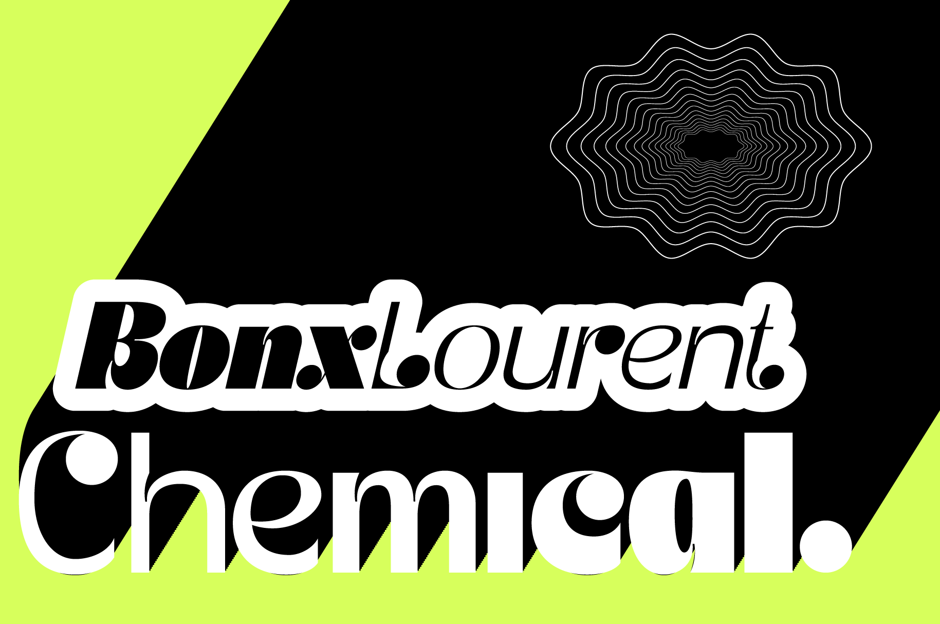 Bonkloureñt Chemical in bold italic typeface with wavy line graphic on neon yellow, black, white background