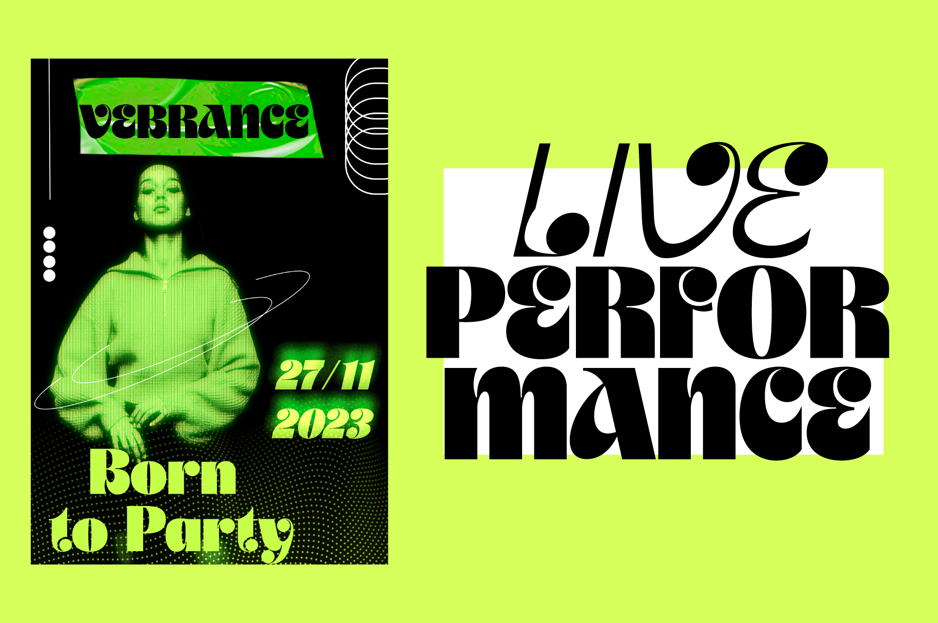 Bold neon poster with distorted portrait, retro rave typography, lime green background