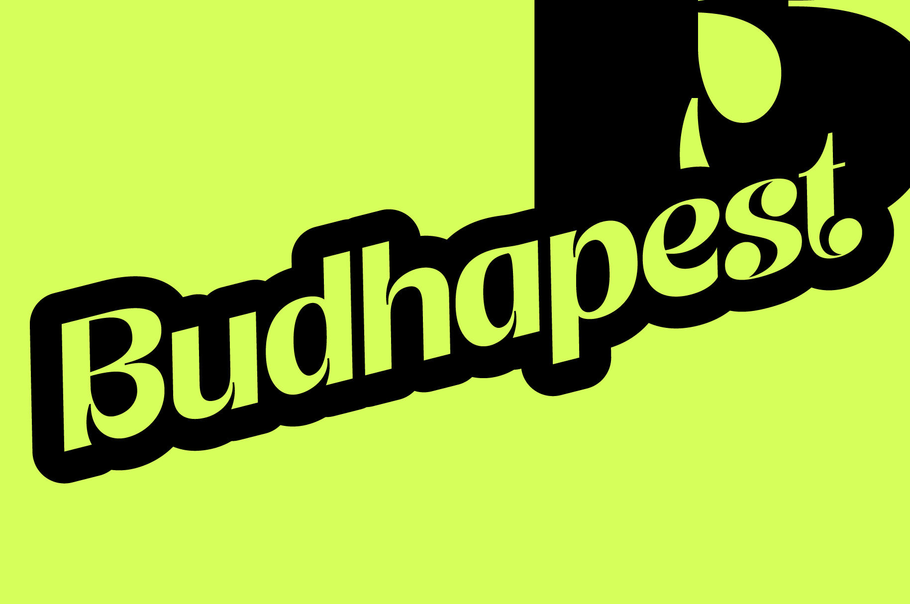 Budhapest bold retro typeface in neon yellow with chunky black outline on lime background