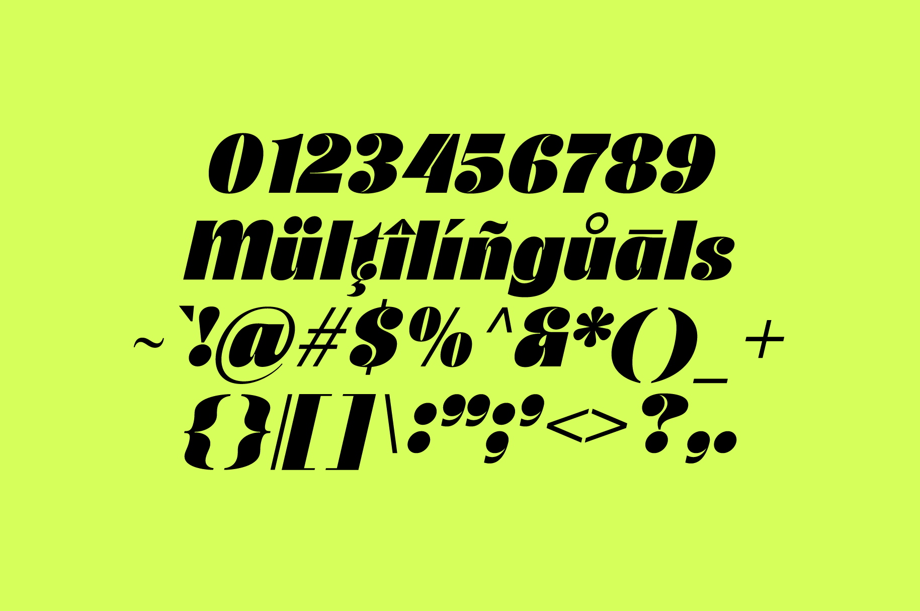 Bold italic typeface displaying multilingual characters, numbers, symbols on neon yellow background