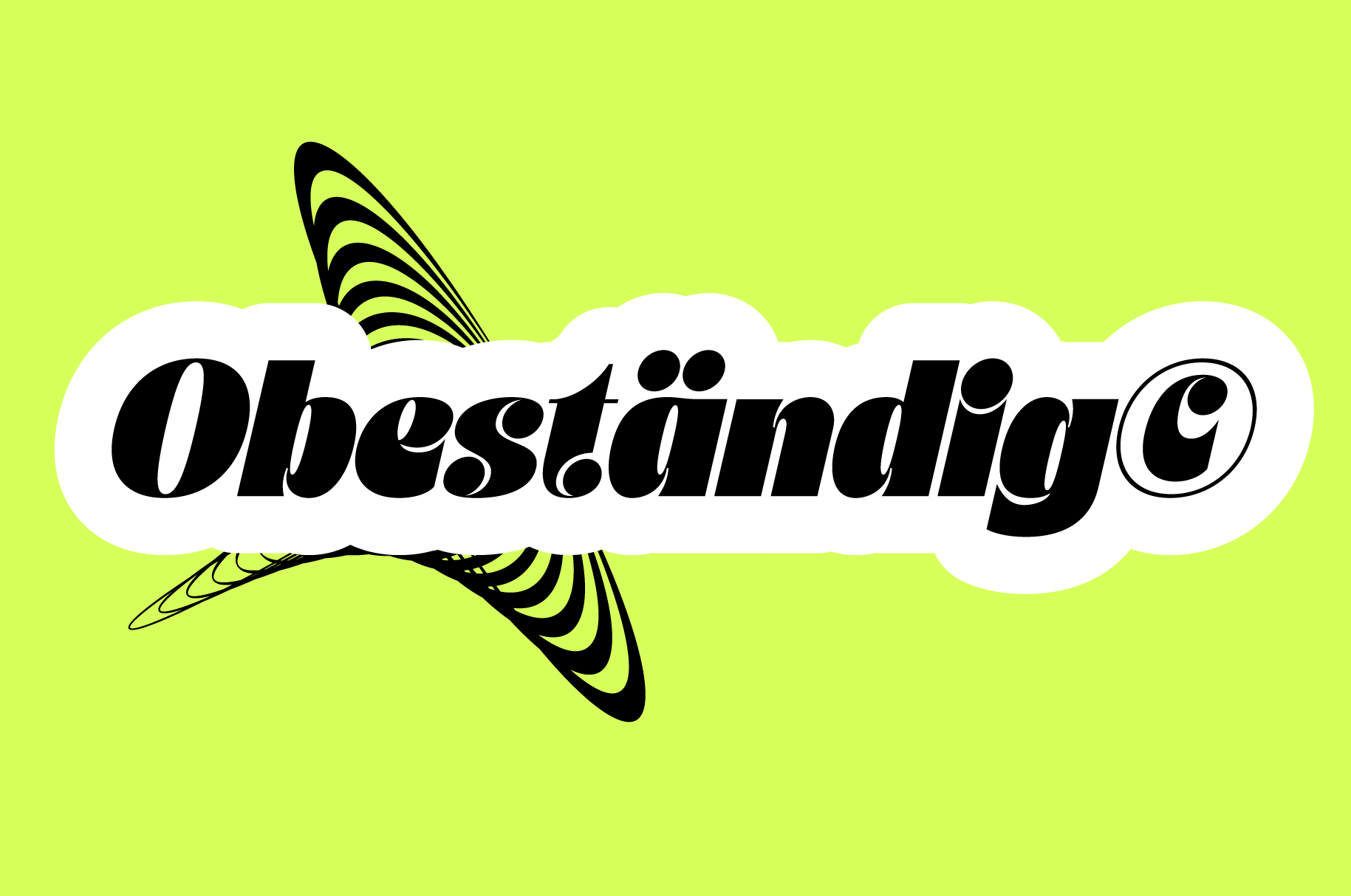 Bold italic typeface on white blob with striped wings against neon lime background