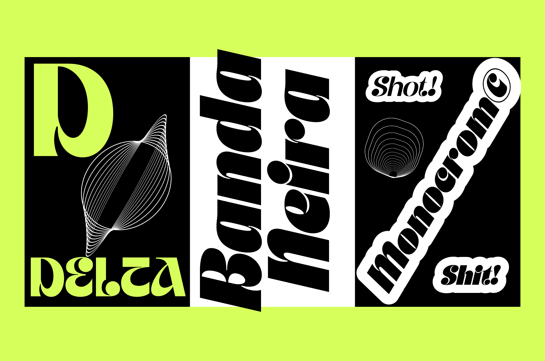 Bold neon mockup set with geometric shapes, trippy spirals, retro typography on lime background