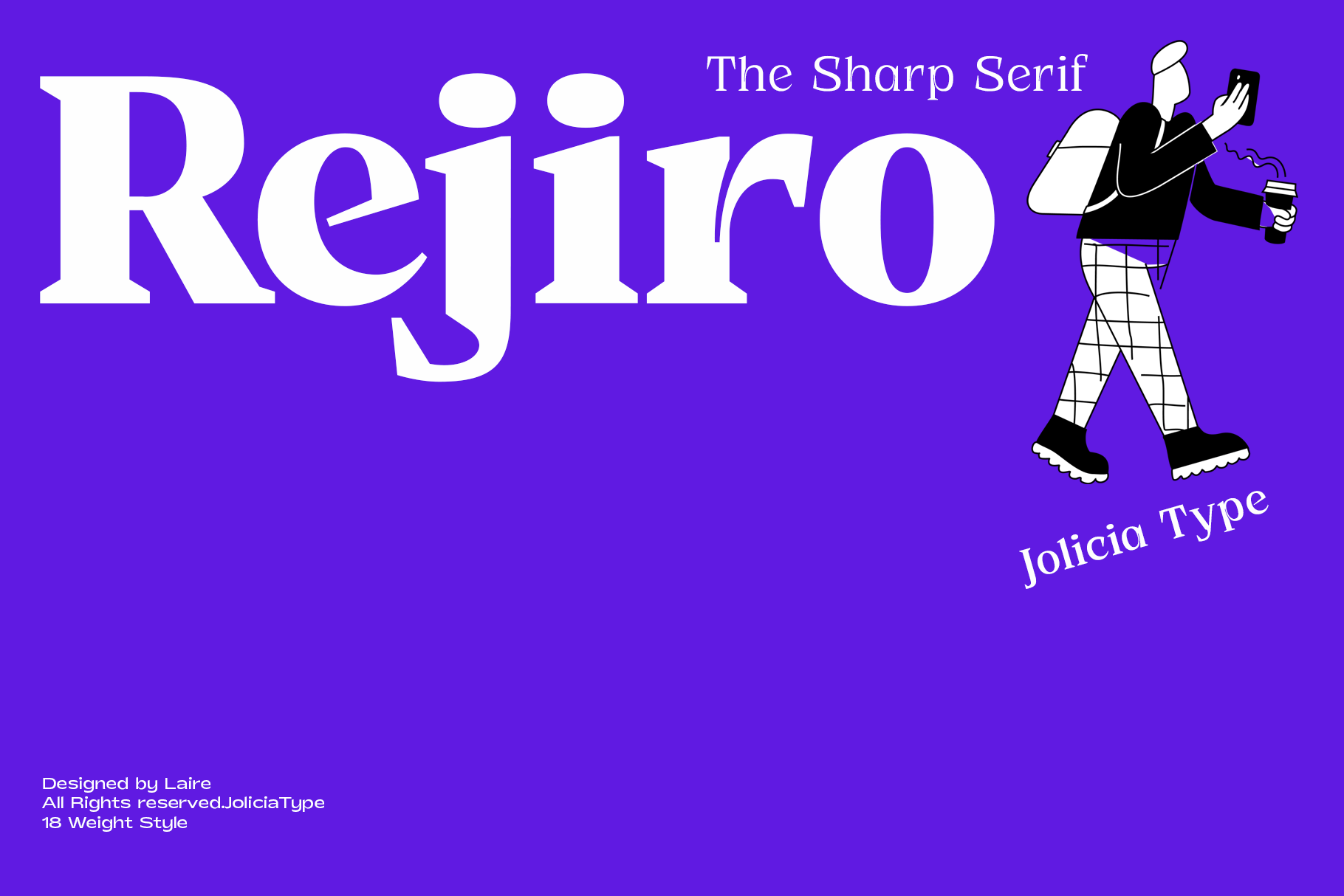 Rejio serif font display with groovy retro character on vibrant purple background