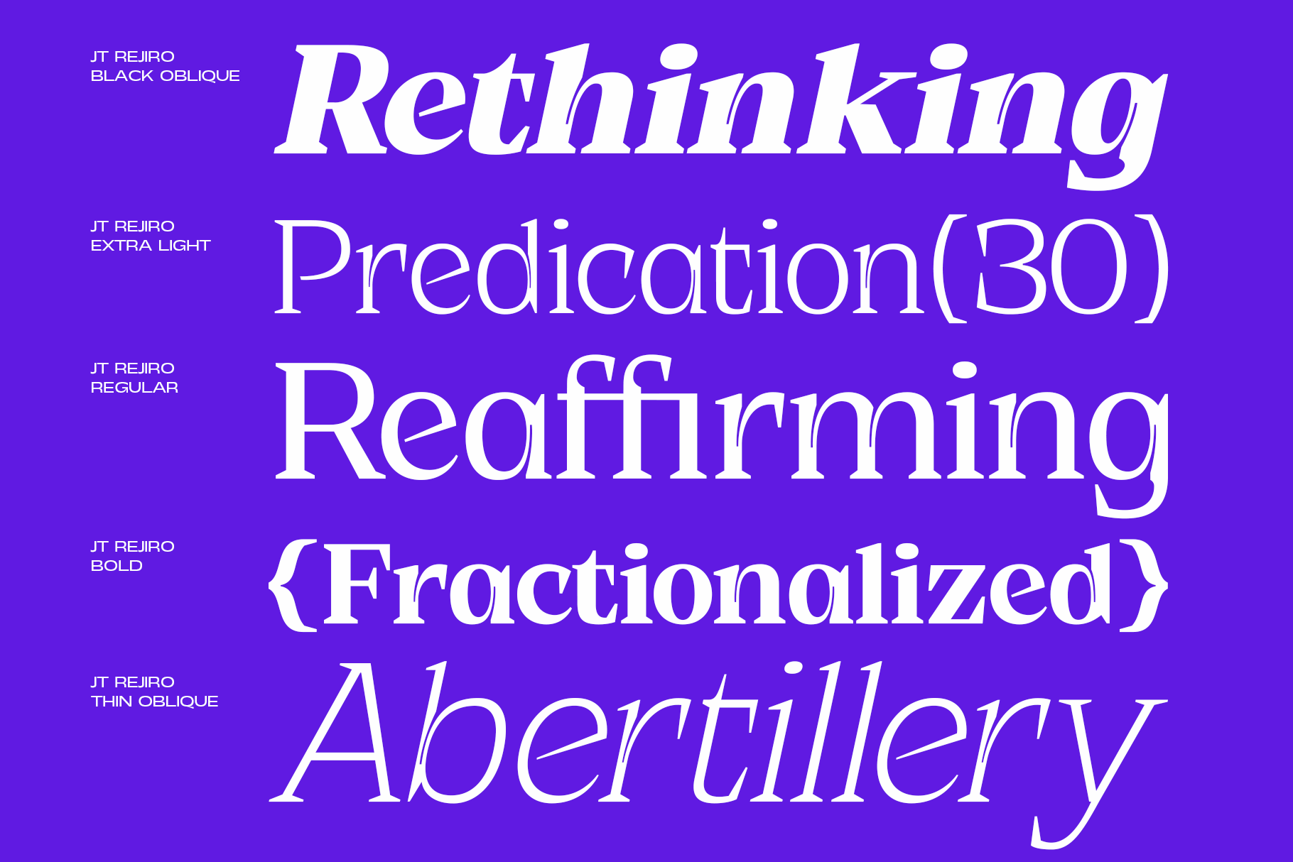 JT Rejiro font family showcasing five weights in white italic text on vibrant purple background