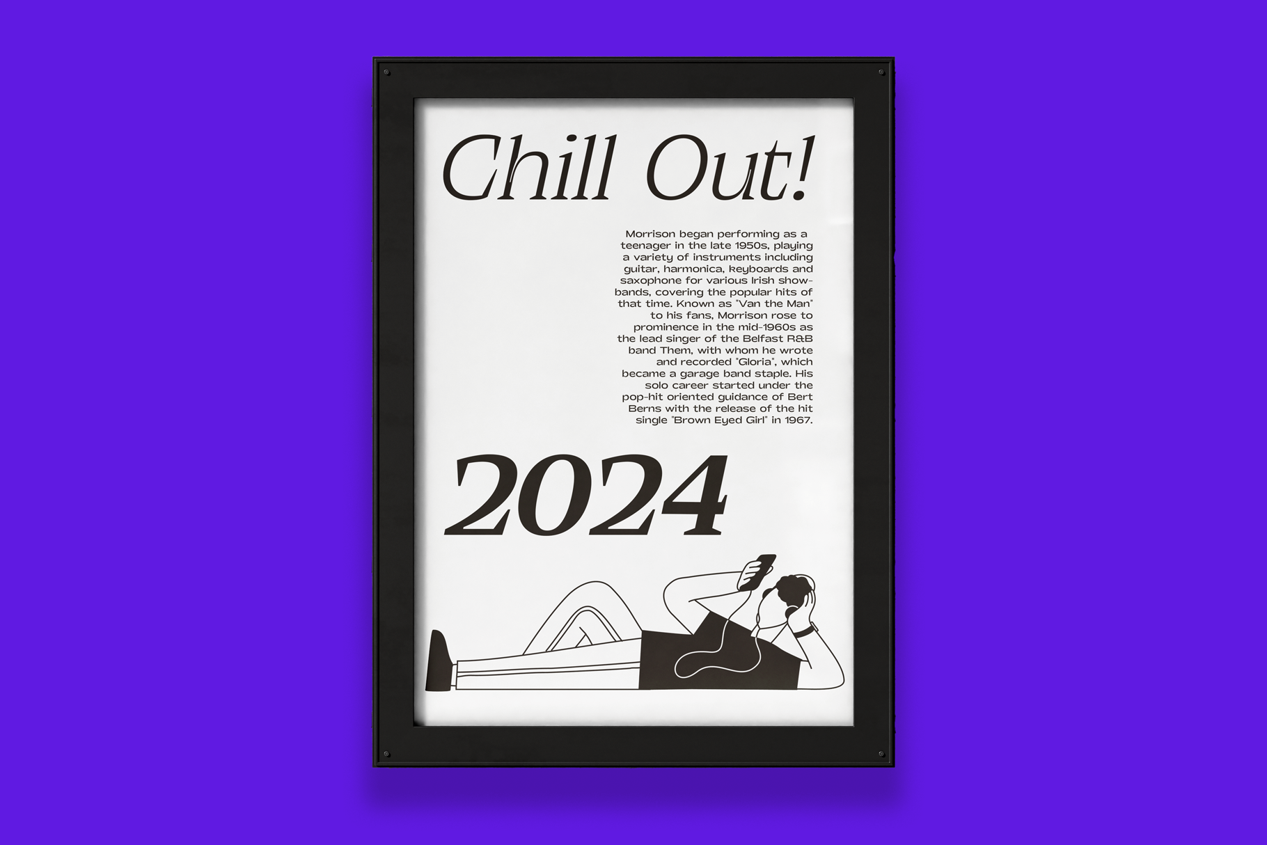 Framed poster with "Chill Out" text, 2024 date, relaxed figure illustration on purple background