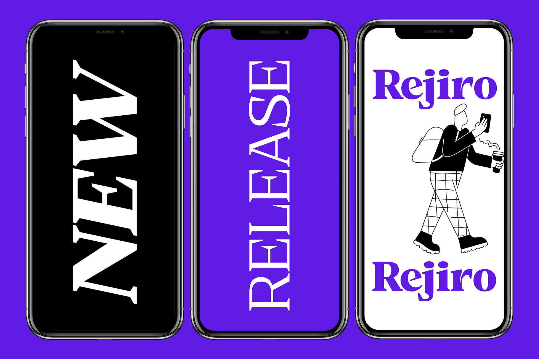 Three iPhone mockups with bold purple branding, retirement app interface designs on screen