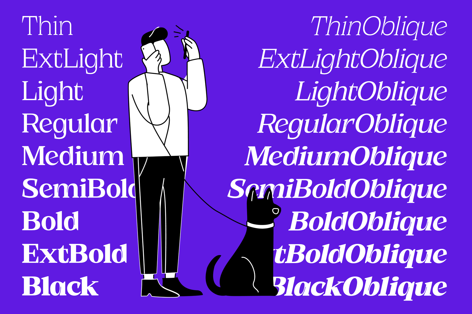 Font family specimen with weights from thin to black, upright plus oblique styles, vibrant purple background