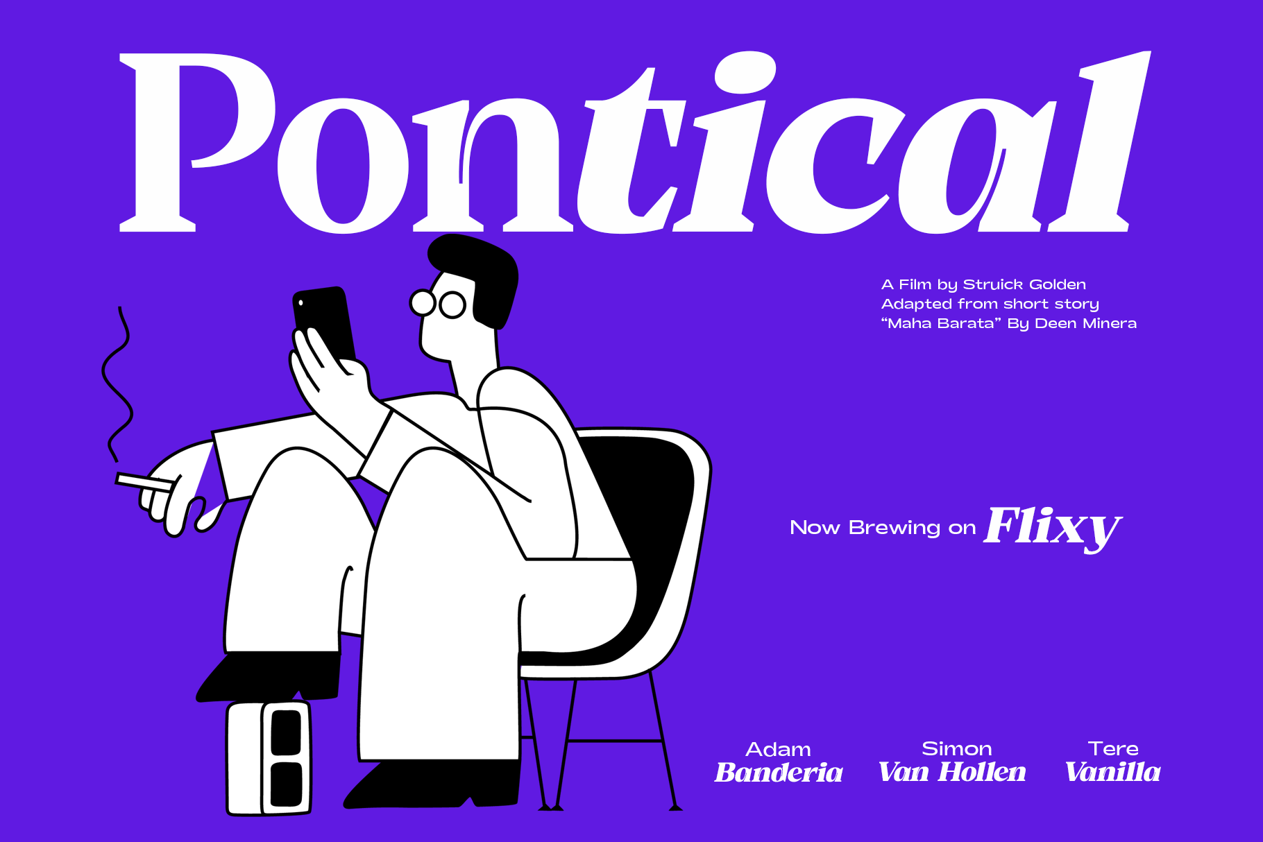 Retro movie poster with groovy guy in chair holding phone, purple background, white serif typography