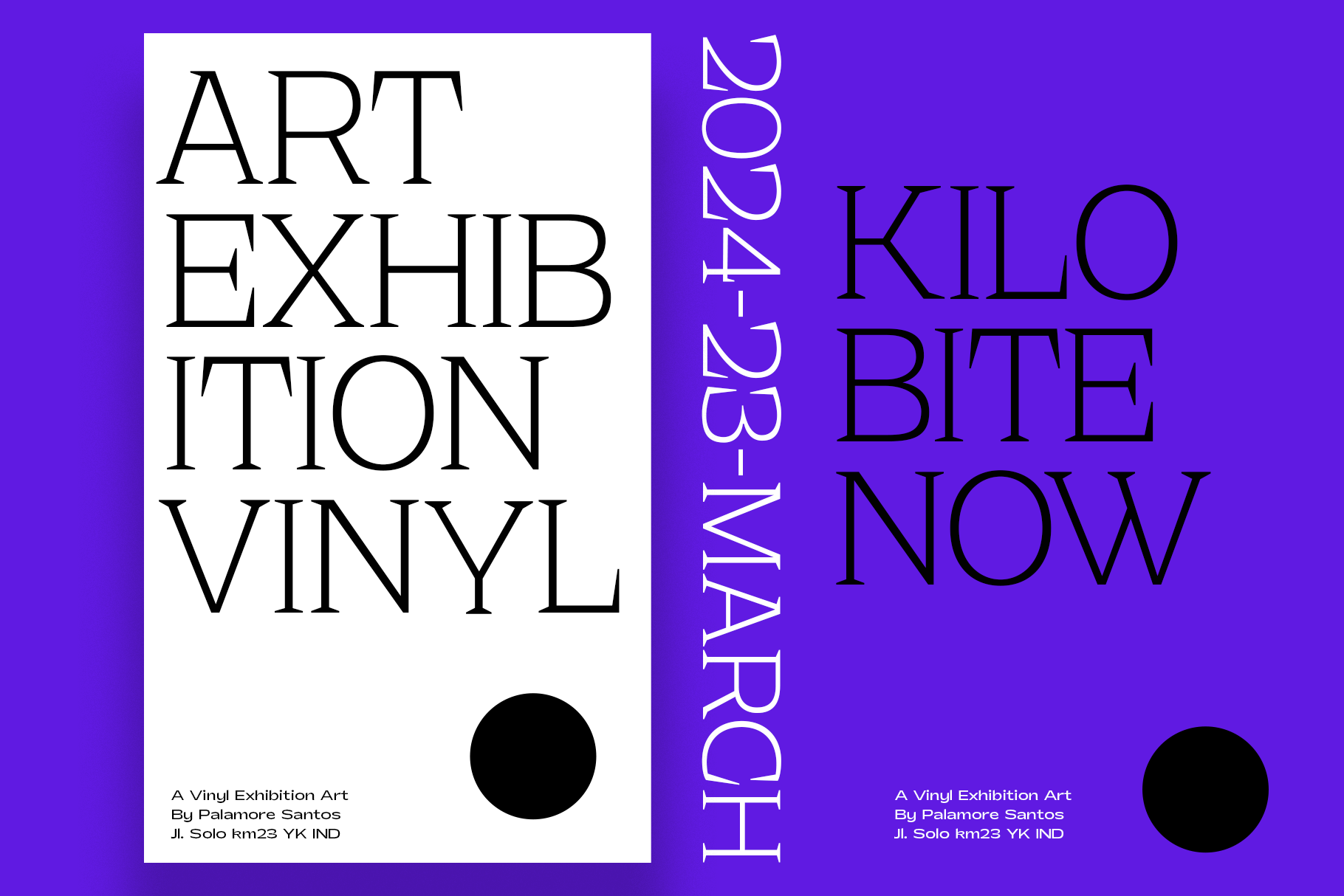 Vibrant purple poster for vinyl exhibition with stark black serif typography on white panel
