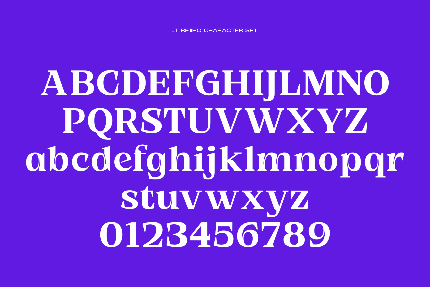JT Rejiro serif font showing uppercase, lowercase, numbers on bright purple background