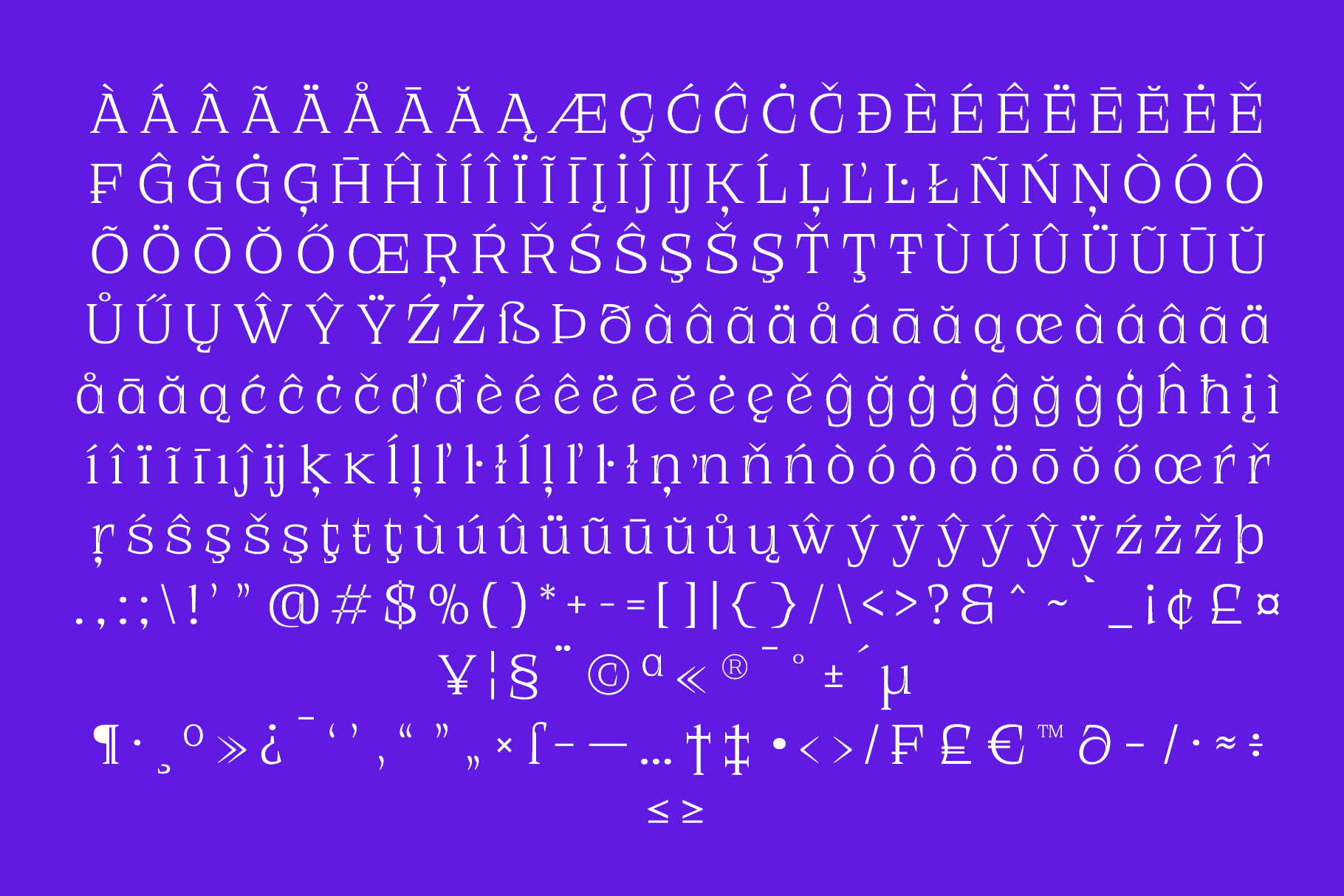 Elegant serif font with extensive international character support on vibrant purple background