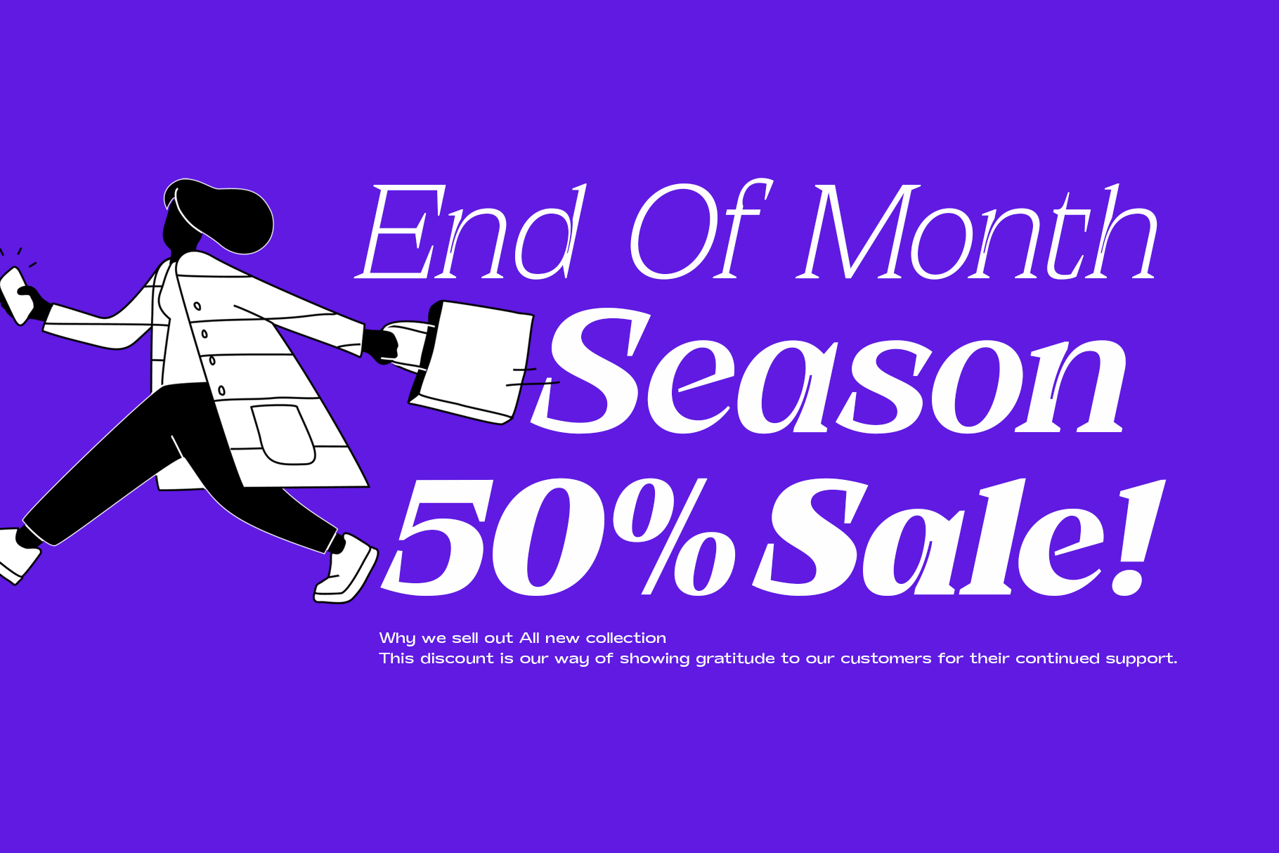 Illustrated character juggling papers on vibrant purple background with end of month season sale text