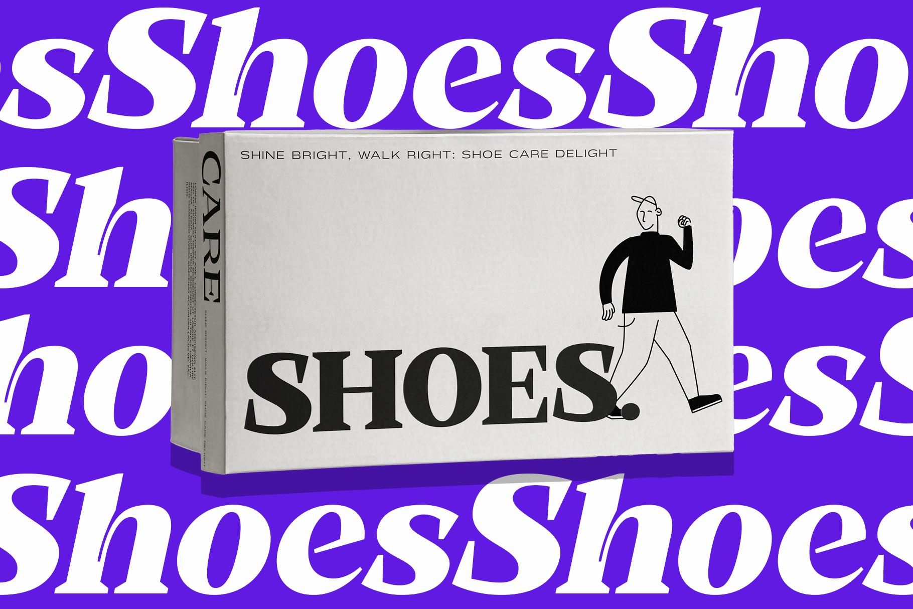 Shoe care product box mockup with minimalist line illustration on cream background, vibrant purple repeating text overlay