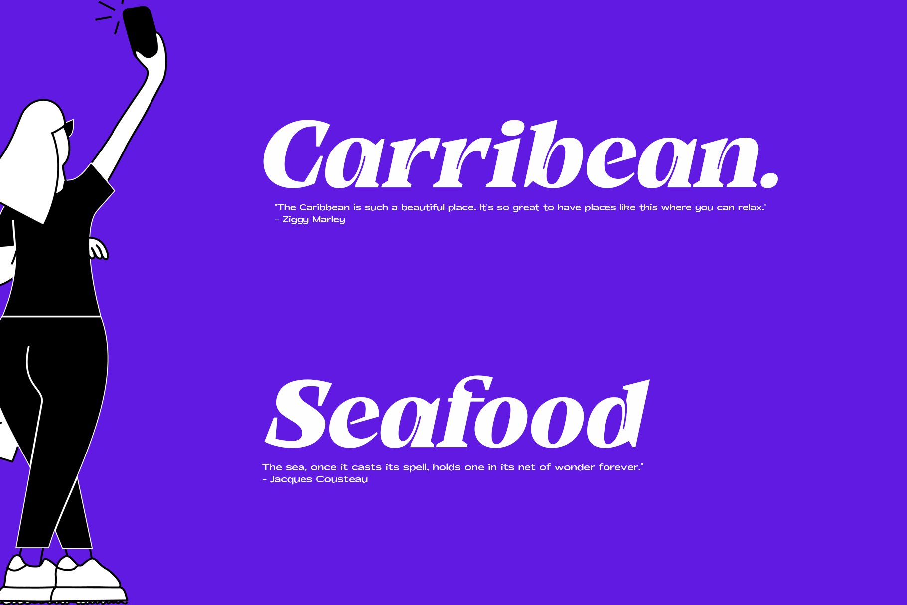 Illustrated character taking selfie on vibrant purple background with Caribbean, Seafood quote sections