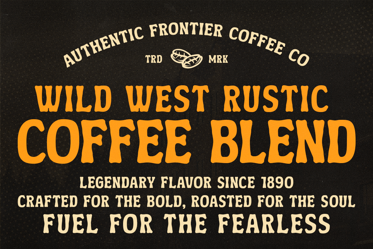 Wild West coffee label design with cream text on charcoal background