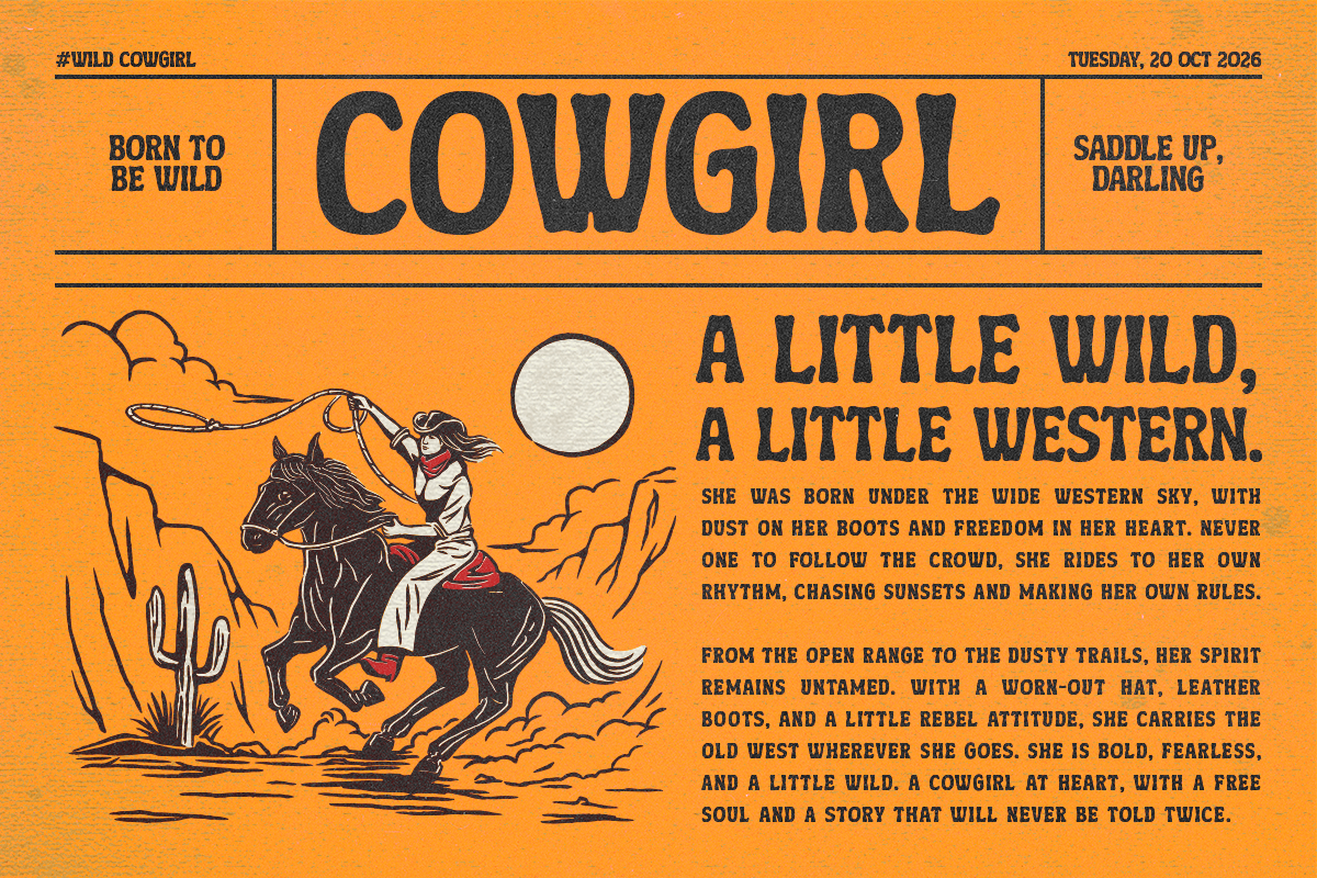 Vintage western poster with cowgirl on horseback, bold typography, orange background