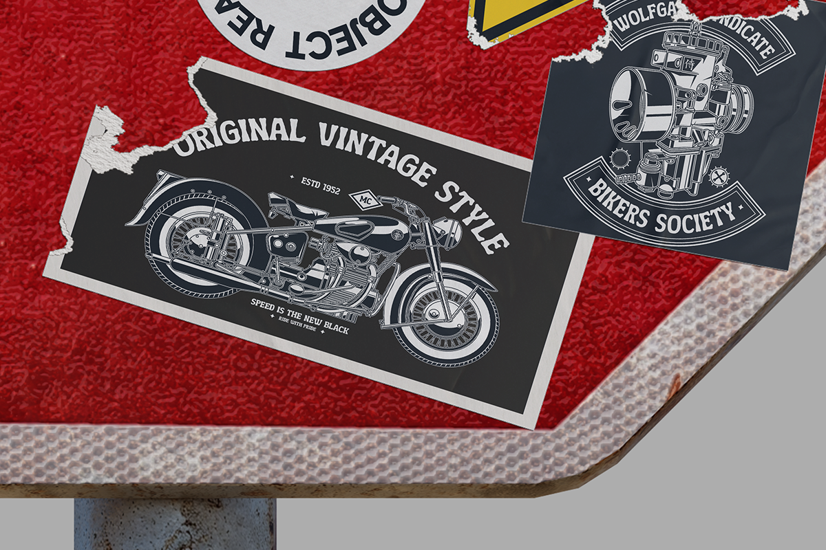 Vintage motorcycle stickers with detailed line art engines on red textured background mockup
