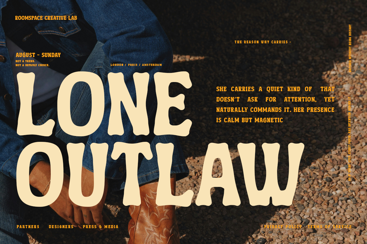 Lone Outlaw event poster with cream typography over denim, leather boots, gravel background