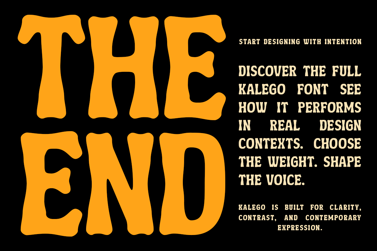 Bold yellow Kalego font with wavy edges on black background showing typography in action