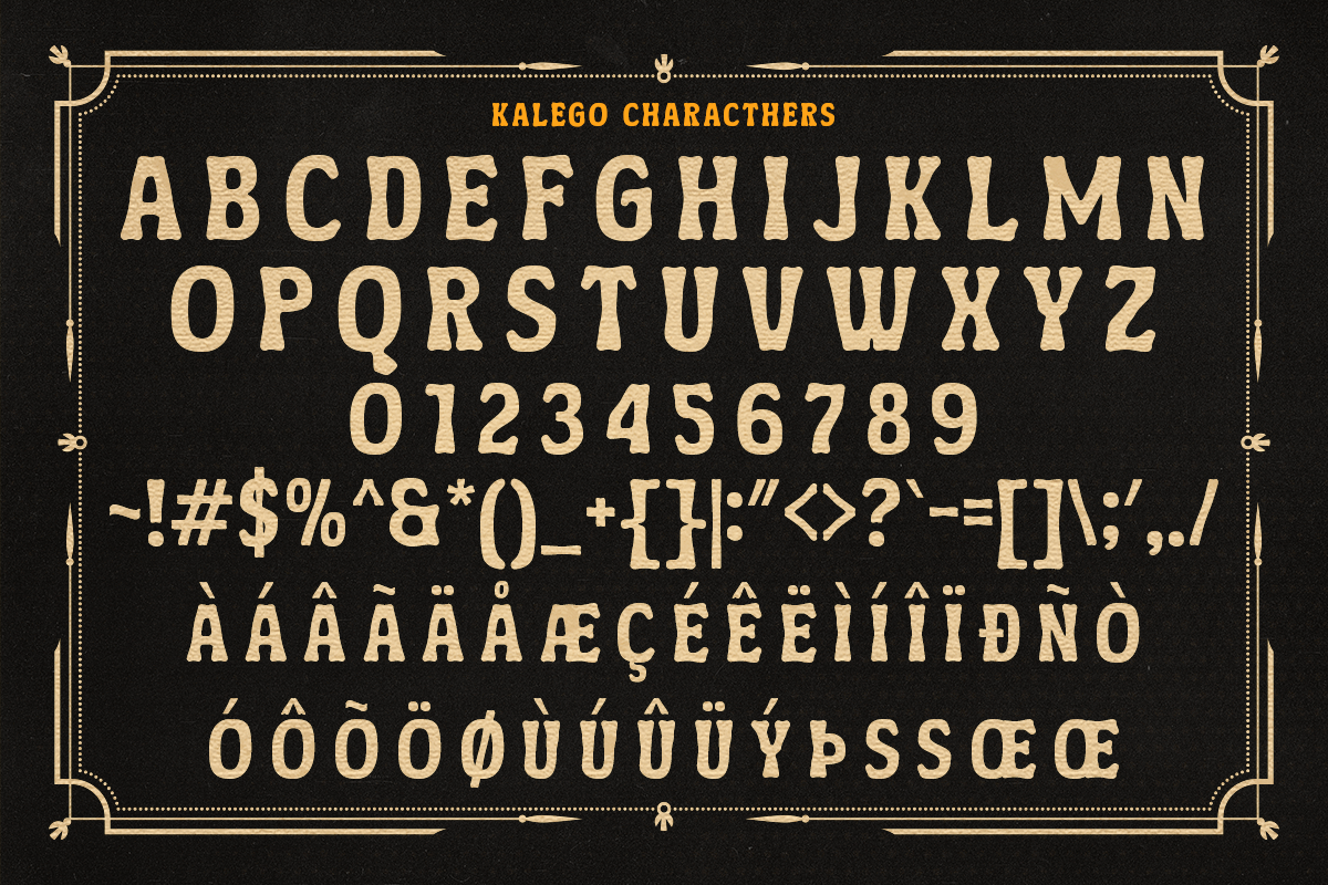 Kalego Characters vintage font with full alphabet, numbers, special characters, accents in cream on black background with ornate gold border