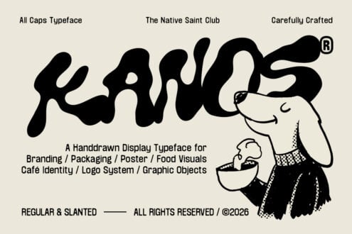 Chunky hand-drawn display typeface with organic shapes, shown in regular plus slanted versions with illustrated character