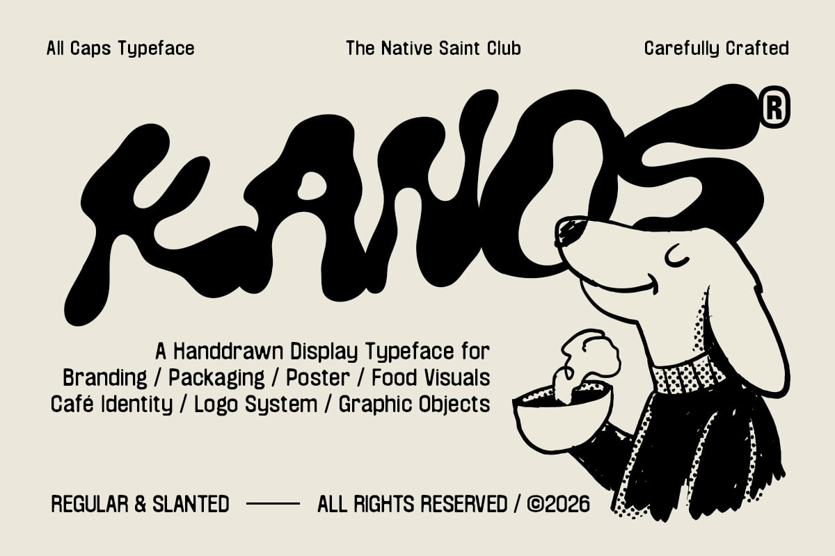 Chunky hand-drawn display typeface with organic shapes, shown in regular plus slanted versions with illustrated character