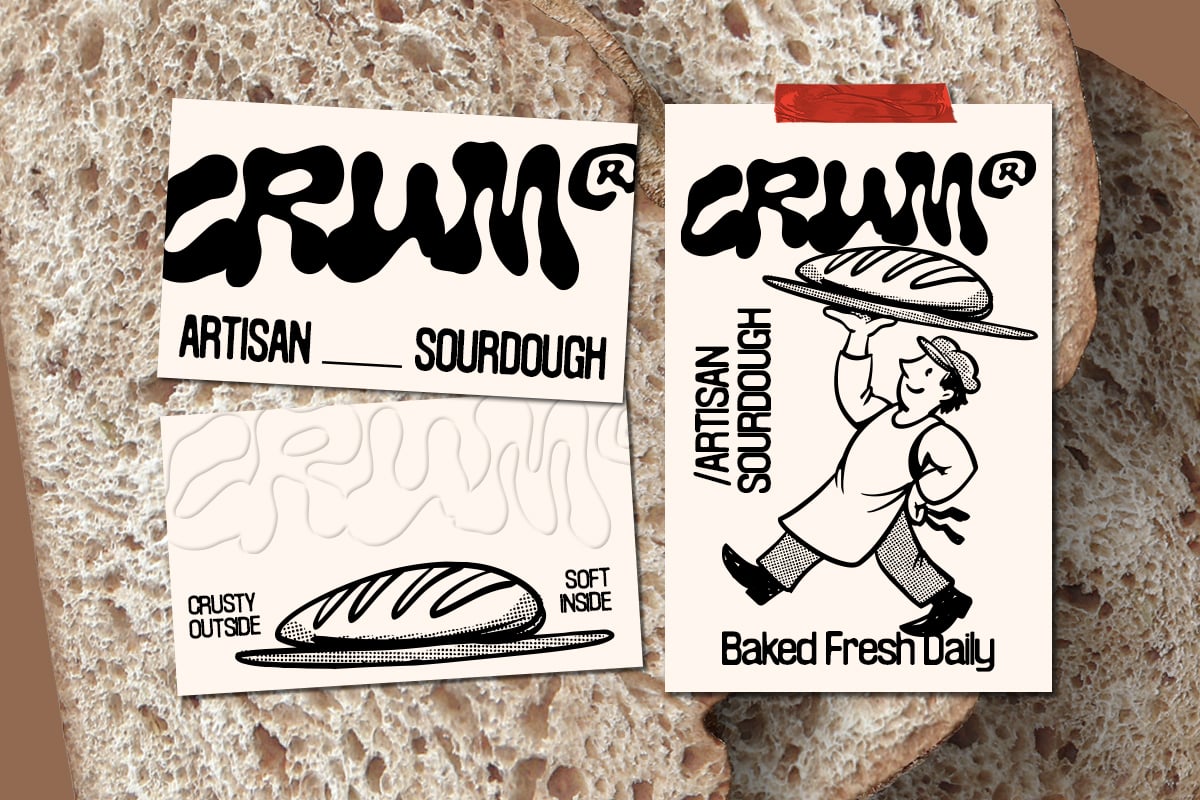 Retro bakery label mockup with two cream cards showing bold black branding on textured bread background