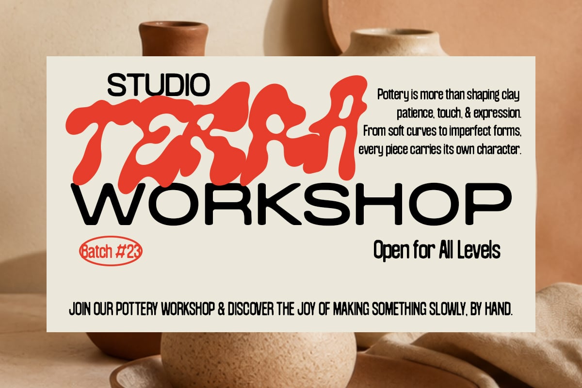 Studio pottery workshop poster with bold red lettering over cream background with ceramic vessels