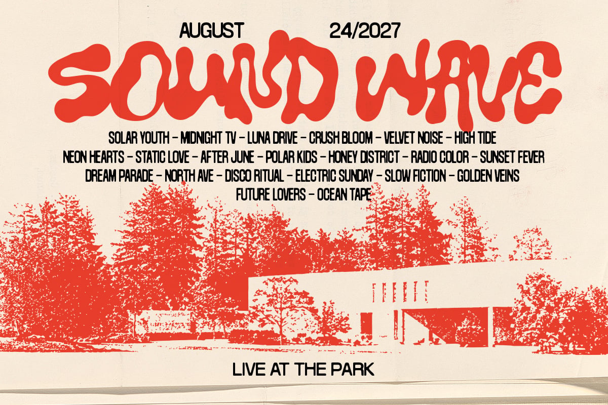 Sound Wave summer festival poster with red organic typography, lineup text, park venue illustration in silhouette