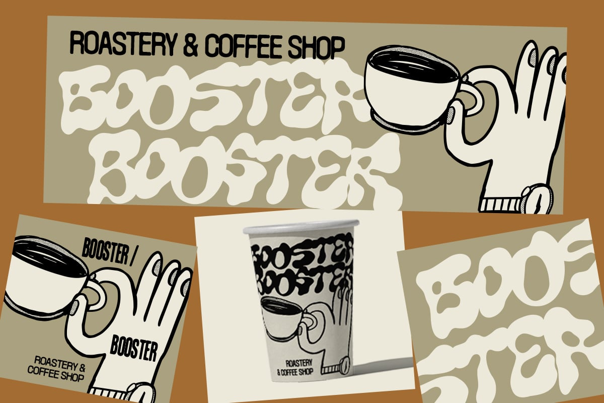 Retro coffee shop branding mockup with cup, label, bag designs in cream, tan, black palette