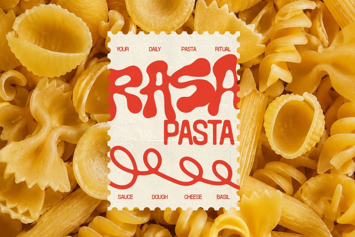 Retro pasta label mockup with red text on cream background surrounded by dried farfalle