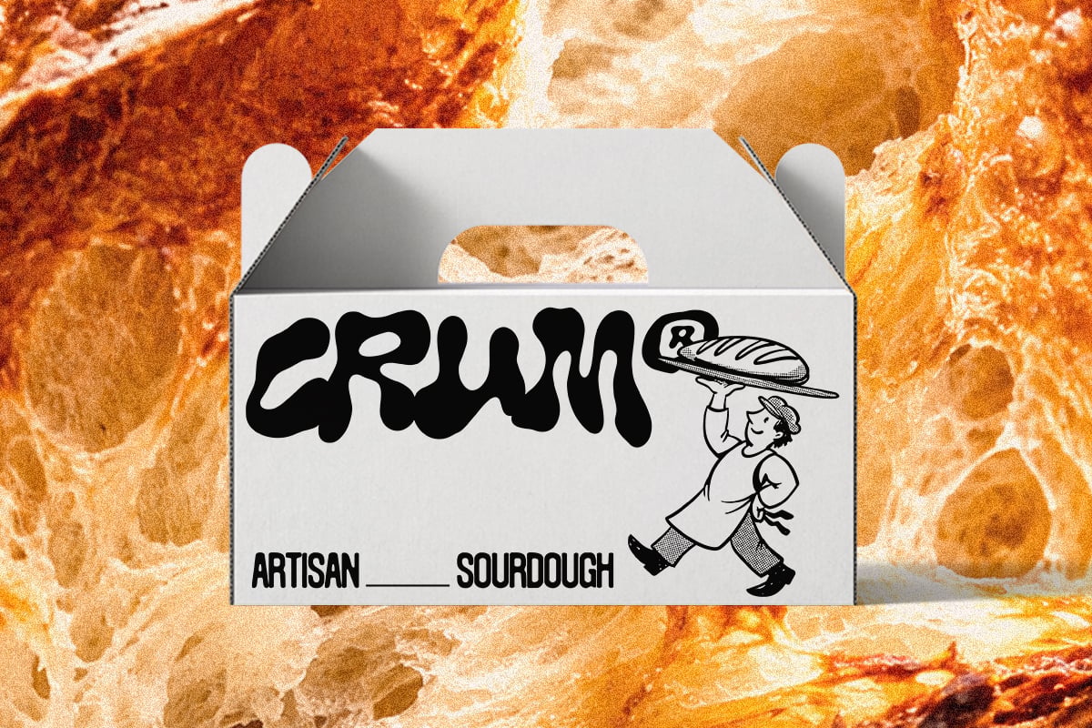 Bread box packaging mockup with retro "Crumb" branding, artisan sourdough label, against crusty loaf texture background