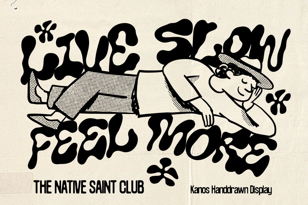 Retro cartoon character lounging with groovy organic lettering, black ink on cream paper