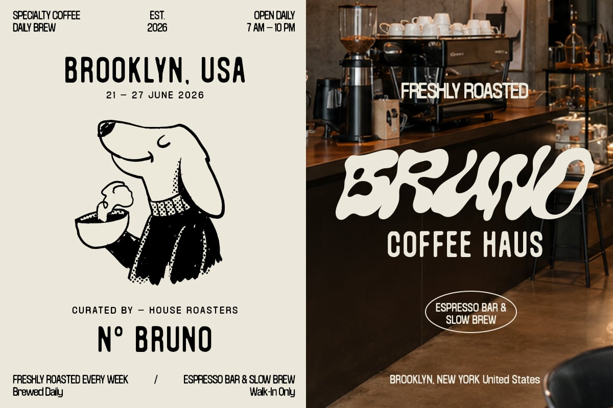 Split-screen coffee shop poster with illustrated dog holding cup on left, espresso bar photo on right showing counter with equipment plus bold typography for Bruno Coffee Haus Brooklyn